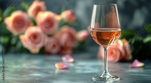 Sparkling Ros in a Glass Surrounded by Fresh Pink Roses on a Wooden Table.