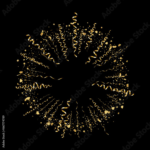 Golden serpentine ribbons frame. Confetti round banner. Luxury streamer