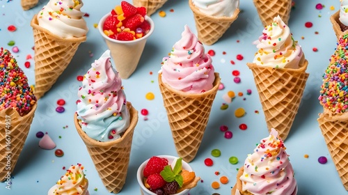 Soft serve, also known as soft ice, is a frozen dessert and a variety of ice cream, available in many different flavors and colors, and often topped with sprinkles.