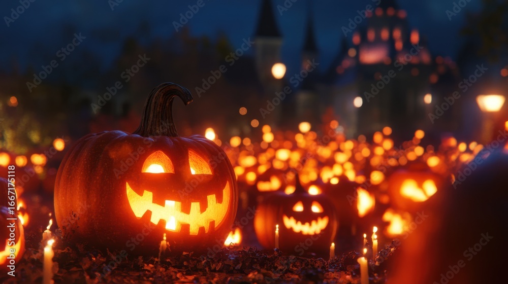 Fototapeta premium Illuminated jack o lanterns glowing at night in a halloween display