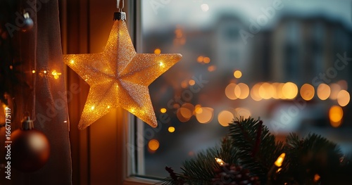 Star Shaped Ornament Illuminated by Warm Lights Against a Softly Blurred Wint...