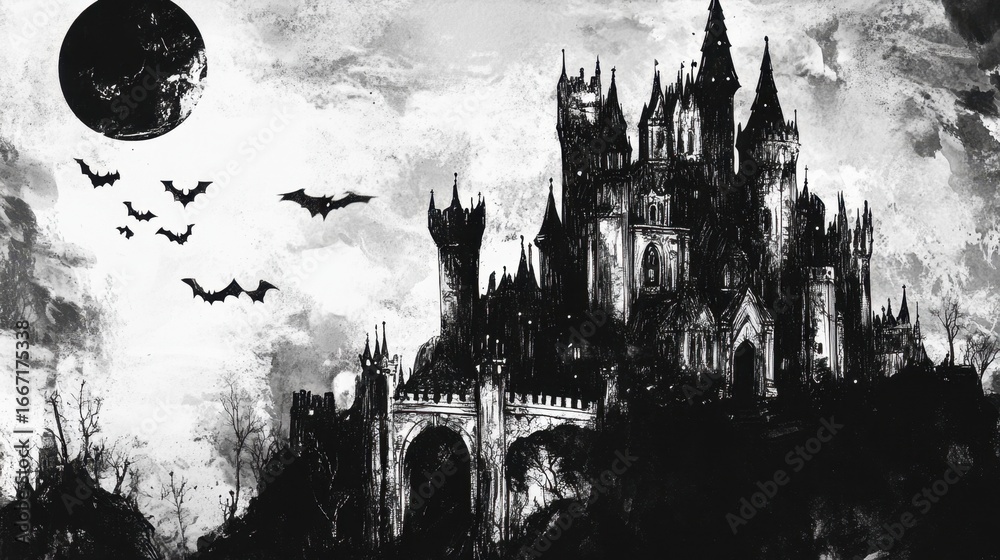 Obraz premium Spooky castle with bats flying in front of a large dark moon in sky