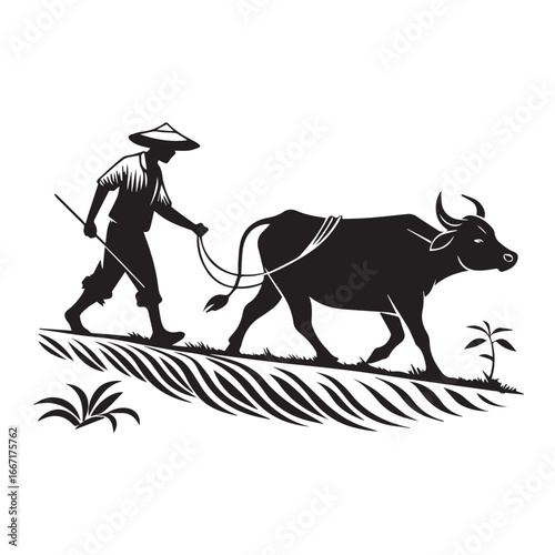 A farmer plowing field with buffalo isolated on white background