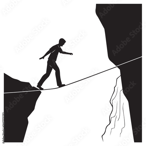 A man walking on a rope between cliffs isolated on white background