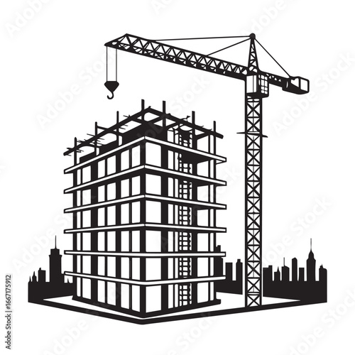 Construction site with crane and building under construction isolated on white background