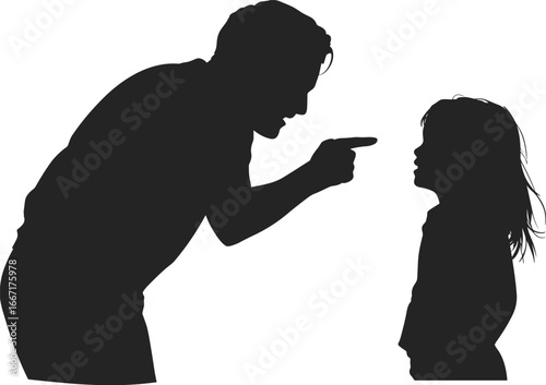 Flat vector illustration of an angry parent scolding a child, parenting conflict, discipline, family stress, emotional tension, silhouette style