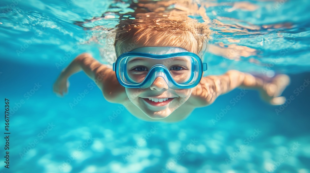 Naklejka premium Child wearing goggles enjoys swimming underwater in a clear pool on a bright day