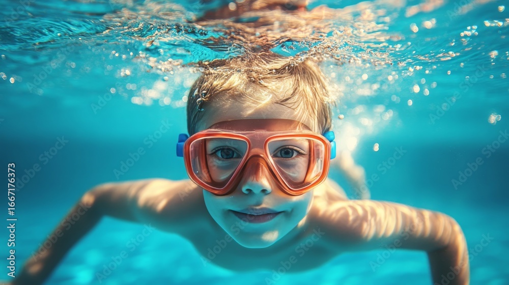 Naklejka premium Child wearing goggles swimming underwater in a pool, enjoying a refreshing summer activity