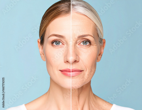 la cara de una mujer mitad en edad joven con piel cuidad y mitad de mayor edad con síntomas de envejecimiento mostrando el paso del tiempo y el envejecimiento natural sobre un fondo neutro