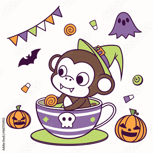 Delightful Amused Monkey in a Halloween scene with in a teacup – Spooky Fun vector illustration