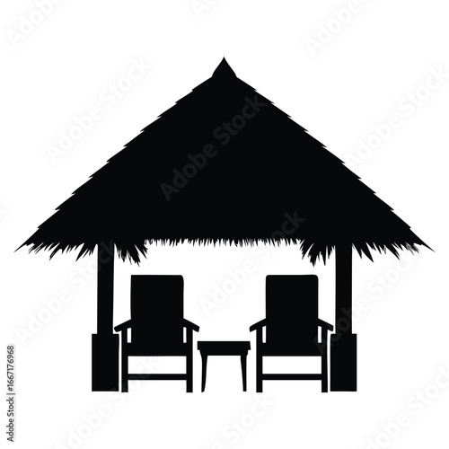 Tropical paradise getaway two chairs under thatched roof hut with side table silhouette white background