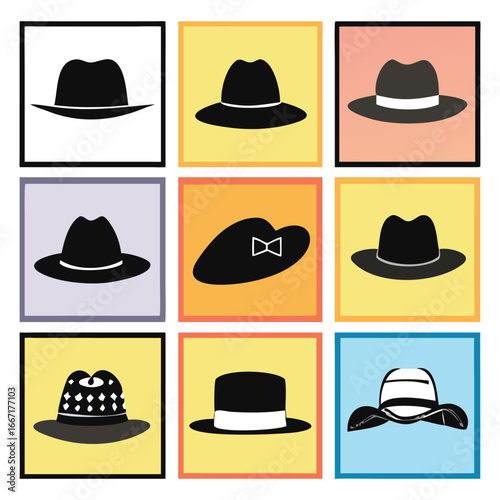 Collection of diverse hats featuring various styles and colors against simple backgrounds white background