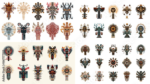 Tribal mask illustration set inspired by indigenous art and ancient culture, perfect for tattoos, posters, branding, and decorative design projects.