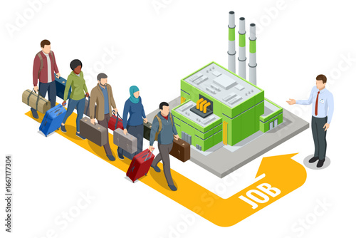 Isometric illustration of migrant workers arriving at factory for employment. Concept of industrial labor migration, workforce relocation and job opportunities abroad