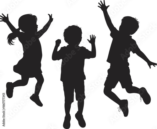 Flat vector illustration of happy children jumping silhouette, kids playing, joyful childhood, energetic kids, friendship, fun, active children, carefree moments, outdoor play