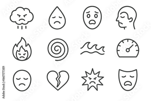 Icons cloud stress wave panic meter vector emotion flame anxiety spark icon