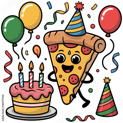 4A whimsical birthday celebration featuring pizza slice cake balloons and party decorations galore