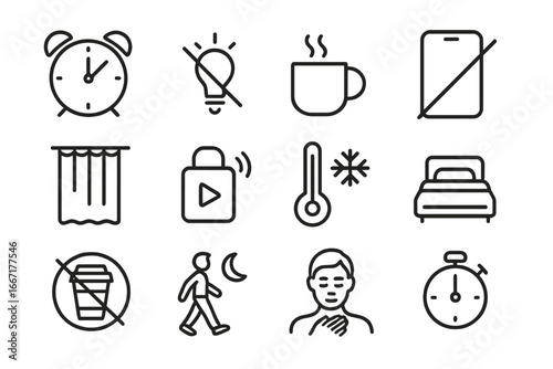 White bedtime badge icons sleep tea vector hygiene thermometer ritual symbol mug