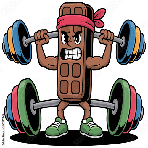 A cartoon chocolate bar lifting weights wearing a red headband with an angry expression on its face