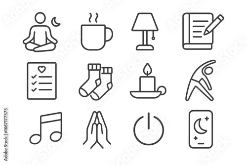 Icon bedtime reading ambient icons ritual digital app pose lamp warming tea