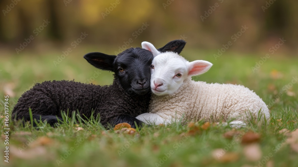 Fototapeta premium Tender Moments: Shepherd and Lamb Embrace on a Sunny Easter Day