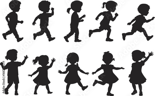 Flat vector illustration of children running and playing in silhouette, kids active movement, childhood fun, energetic kids, outdoor play, happy children silhouettes