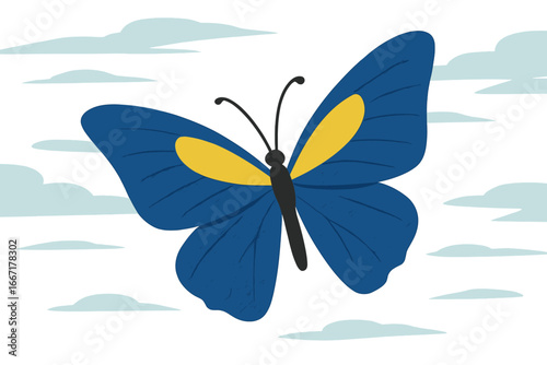 A stylized representation of the Ukrainian flag in the form of a butterfly set against a blue sky, embodying the ideals of freedom and peace