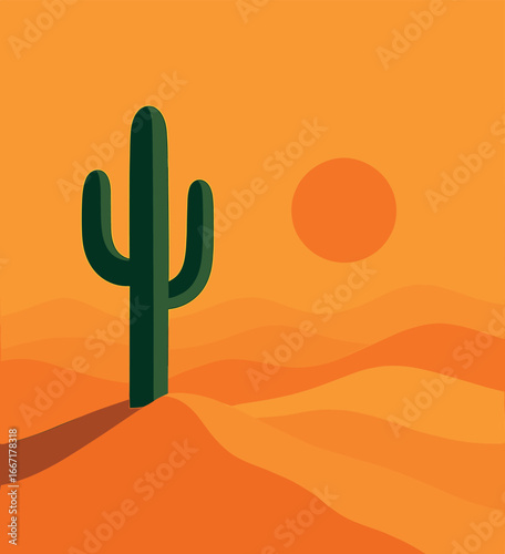 Photography of a desert landscape at sunset, featuring a cactus silhouette and rolling sand dunes in a natural setting