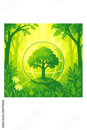 A world globe situated in a lush forest, symbolizing a commitment to sustainability and environmental conservation