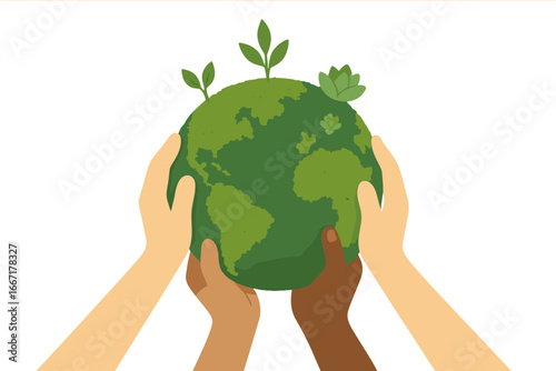 Global Unity and Sustainability Concept Represented by Hands Holding the Earth with Green Plants