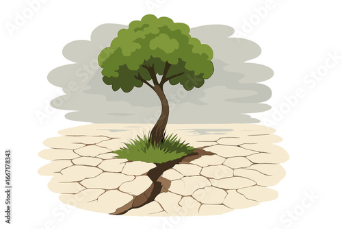 A lone green tree stands on a cracked white pathway set against the backdrop of a desolate arid landscape