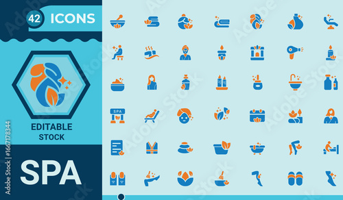 Spa and wellness vector icons set. Spa solid styles pack.  Included icons as Foot Soak, sauna, facial,spa treatment, warm bath, skin, beauty,  massage and more.Vector illustration.