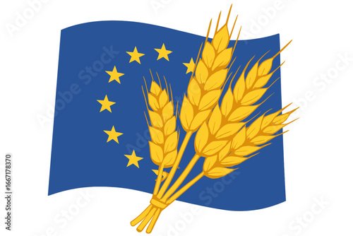 Wheat ears accompanied by the European Union flag, symbolizing trade export, economy, grain agreements, and global food security