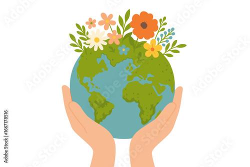 A globe decorated with flowers and greenery is being held by a pair of hands