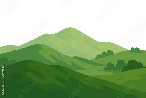 A serene natural landscape of vibrant green rolling hills with lush grass is set against a clean white background, evoking a sense of peace and open space that is ideal for eco-friendly themes