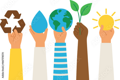 Vector illustration in flat style depicting care for the planet through environmental protection, waste recycling, plant growth, and resource renewal