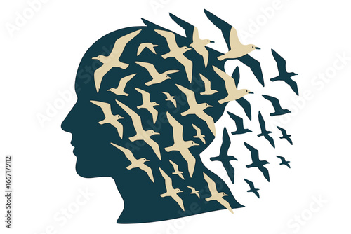 A portrait featuring a double exposure of young women and seagulls