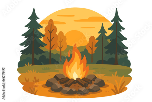 A serene atmosphere of a campfire at dusk in a dense forest clearing embodies the spirit of camping and outdoor serenity