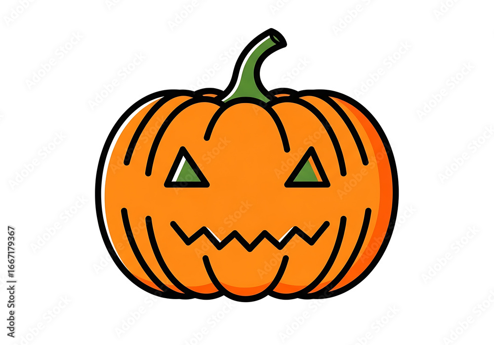 Fototapeta premium A simple, outlined jack-o'-lantern design displays an orange pumpkin with a carved triangular face, against a black background.