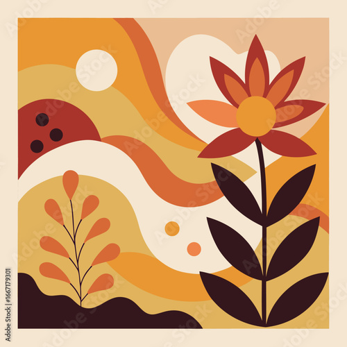 Art of an abstract landscape with a prominent flower and warm, wavy color gradients