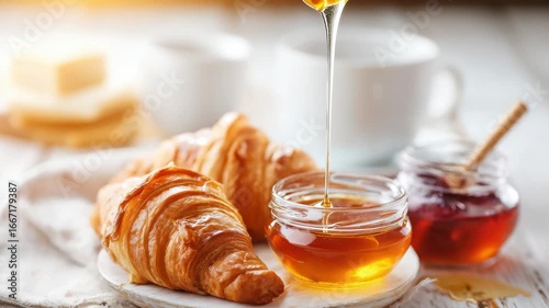 A lovely breakfast spread features warm, flaky croissants alongside jars of honey and jam. A perfect way to start the day with delicious pastries and sweet toppings.