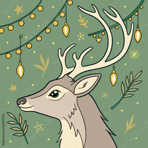 happy Christmas. The head of a fairy-tale deer on a green festive background with a Christmas glowing and twinkling golden garland, decorative lamps and lights. Seamless pattern. 