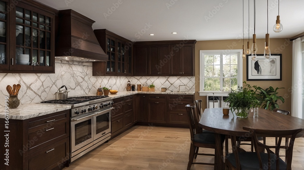 Fototapeta premium Elegant modern kitchen featuring dark wood cabinetry, a marble backsplash, and warm lighting.