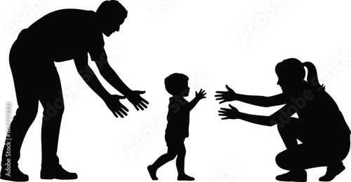 Family love moment, parents teaching toddler to walk, happy child reaching arms, parenting care connection, flat vector illustration, silhouette art