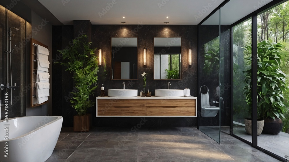 Fototapeta premium Modern bathroom featuring elegant wooden cabinetry and lush greenery, creating a serene atmosphere.