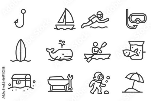 Scuba mask activities watching icons surfing icon boat vector snorkeling beach marine