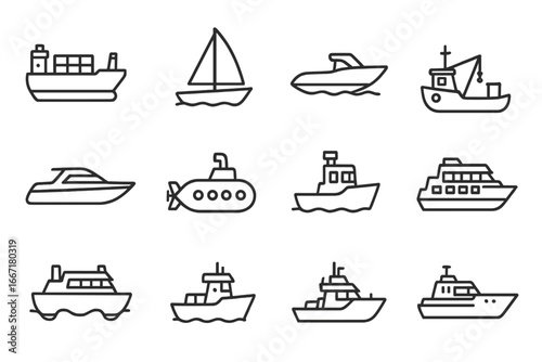 Ship sailboat marine boat cargo submarine icon vector vessel ferry yacht speedboat