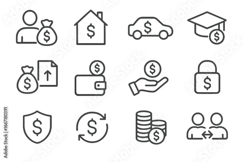 Icon consolidation vector mortgage icons loan type car payday student personal refinancing
