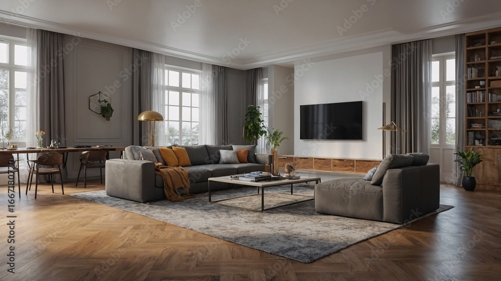 Fototapeta premium Spacious modern living room featuring a cozy gray sectional sofa and large windows for natural light.