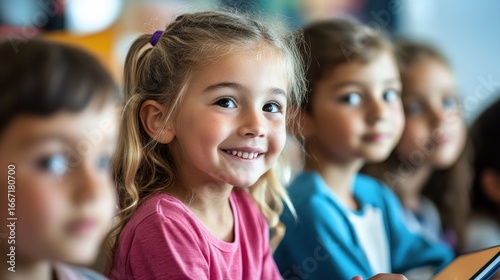 Engaged Elementary School Students Observing Teacher from Behind, Capturing Joyful Learning Moments in a Bright Classroom